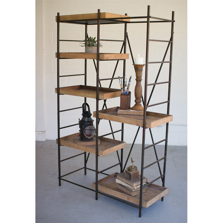 Iron Shelving Unit with Six Adjustable Wooden Shelves