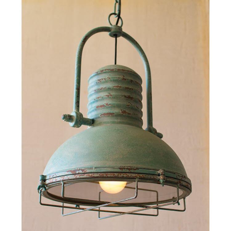 Antique Turquoise Pendant Light with Glass and Wire Cage
