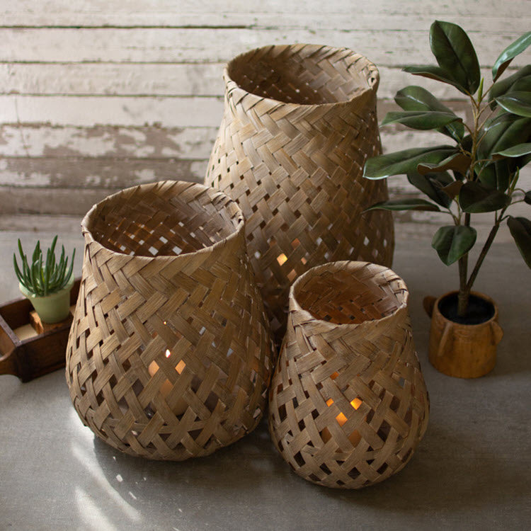 Woven Bamboo Lanterns with Glass Set/3