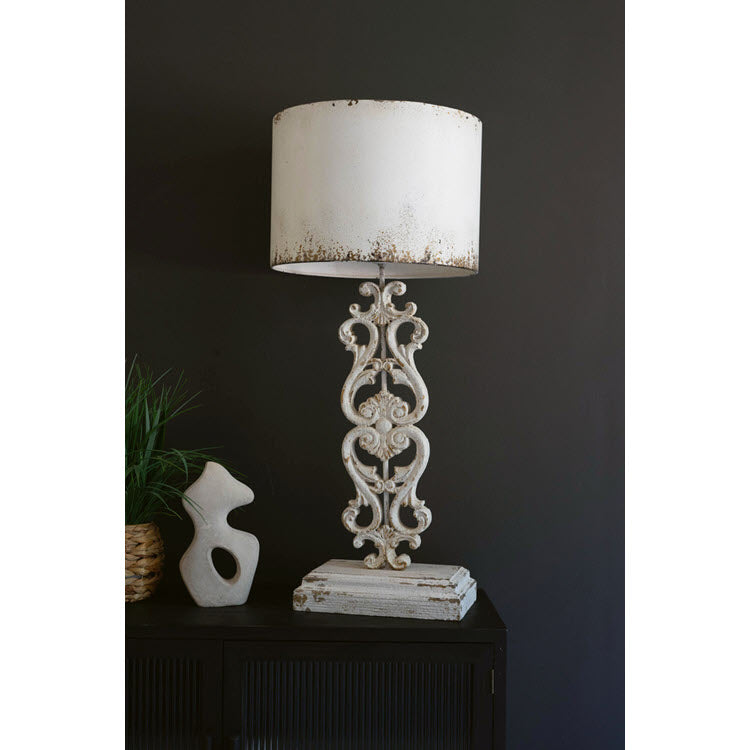 Antique White Table Lamp with Carved Damask Base and Metal Shade