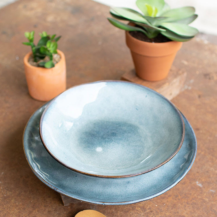Blue Ceramic Dinner Plates & Bowls- 12 Sets