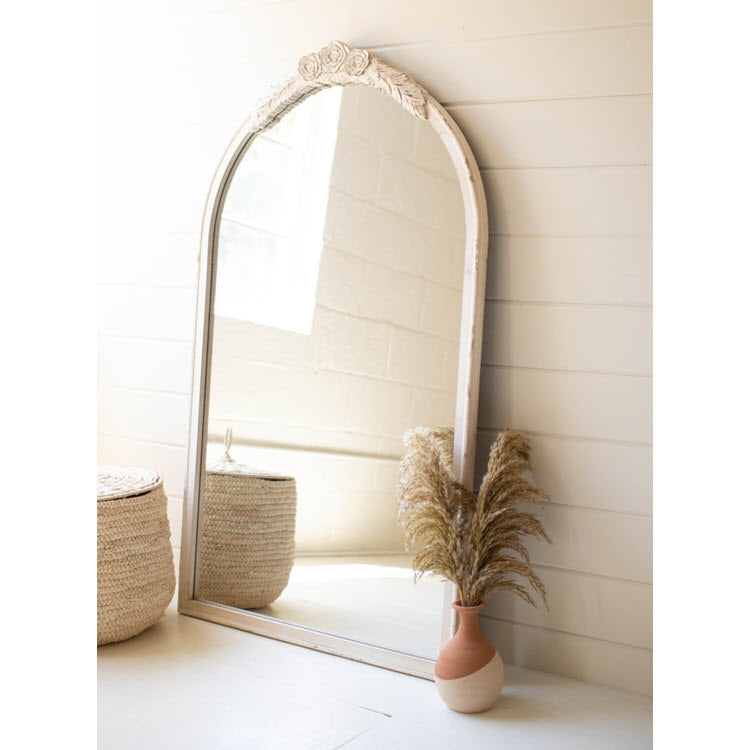 Large Arched Wood Framed Mirror with Carved Detail