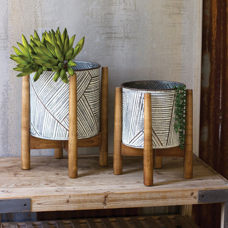 Pressed Tin Planters with Wooden Bases Set/2