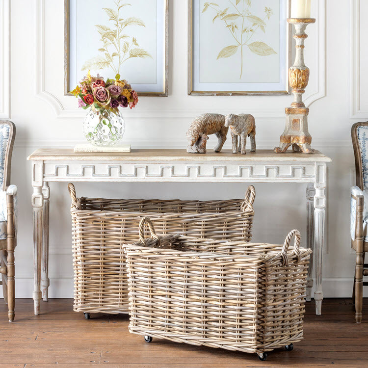 Rattan Woven Storage Basket with Casters Set/2