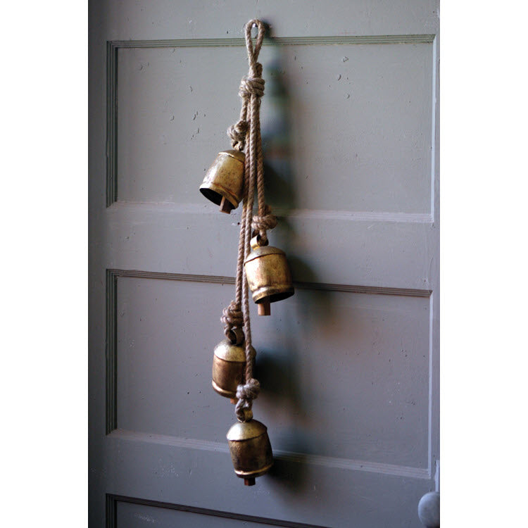 Four Rustic Iron Hanging Bells with Rope