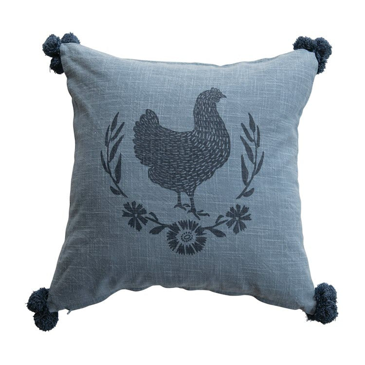 Blue Cotton Slub Pillow with Chicken and Pom Poms