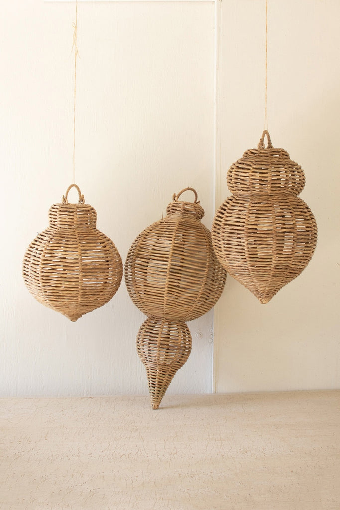 Set/3 Large Woven Seagrass And Iron Ornaments