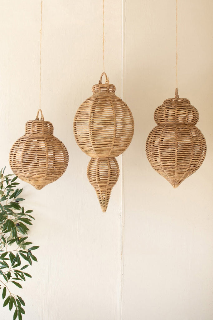 Set/3 Large Woven Seagrass And Iron Ornaments