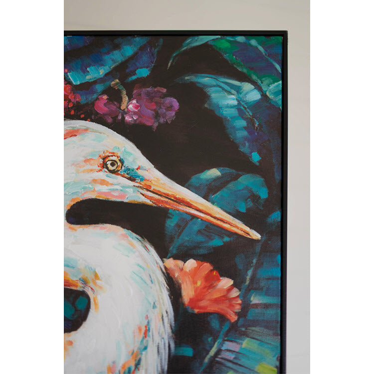 Framed Heron Oil Painting with Flowers