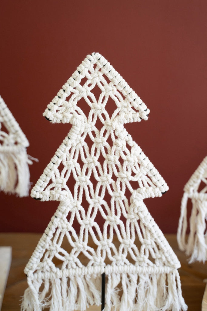 Set/3 Macrame Christmas Trees On Wood Bases