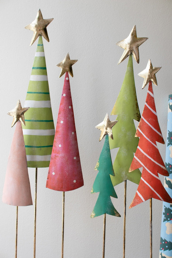Set/2 Painted Metal Christmas Tree Trios