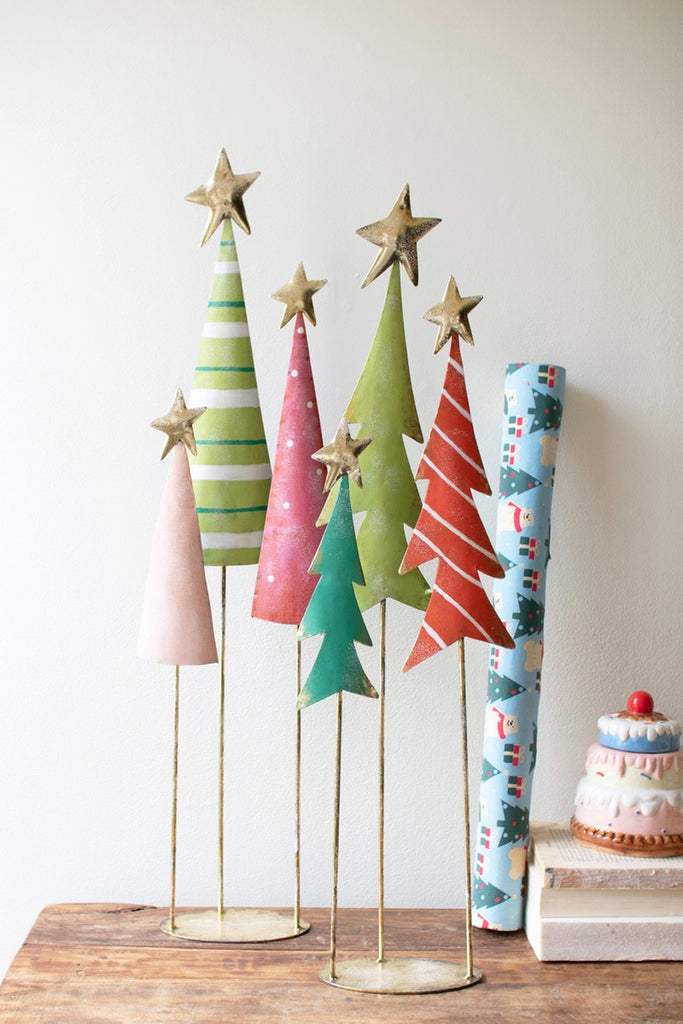 Set/2 Painted Metal Christmas Tree Trios