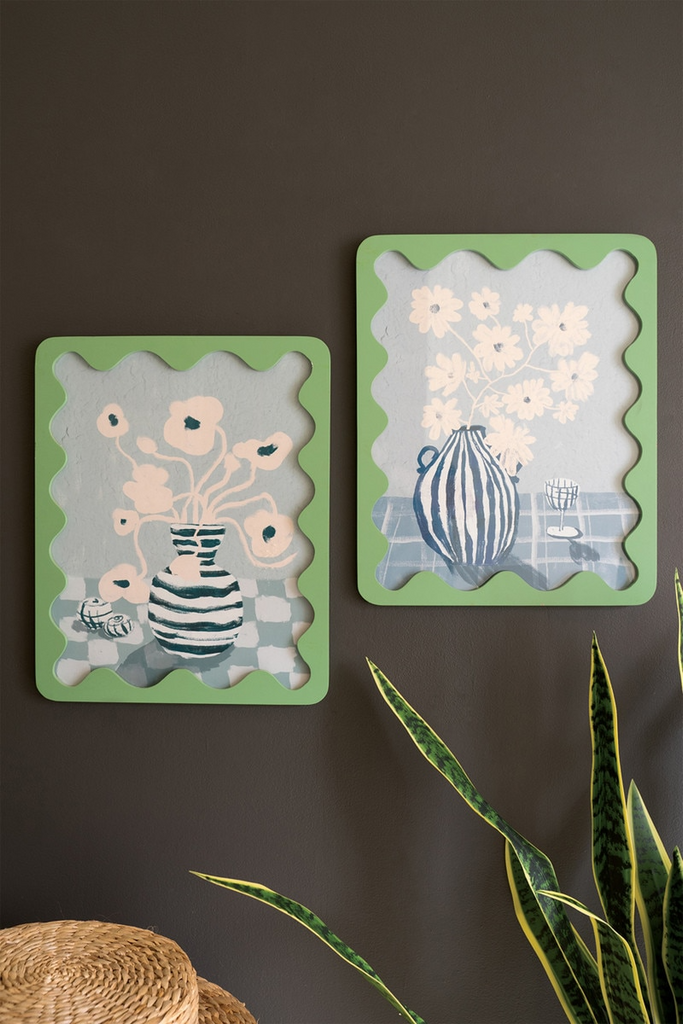 Green Wavy Framed Still Life Prints Under Glass Set/2