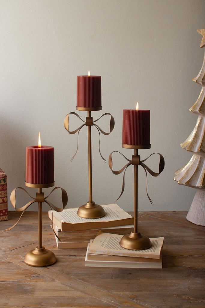 Set/3 Antique Brass Pillar Candle Stands with Bow Detail