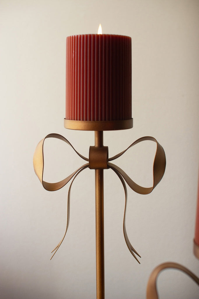 Set/3 Antique Brass Pillar Candle Stands with Bow Detail
