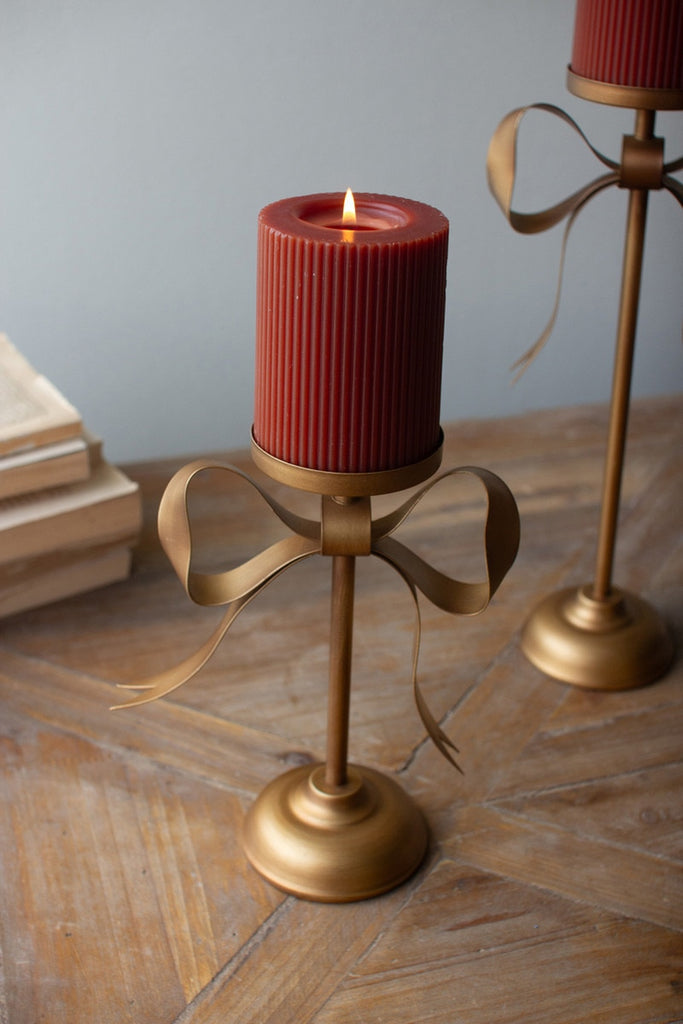 Set/3 Antique Brass Pillar Candle Stands with Bow Detail