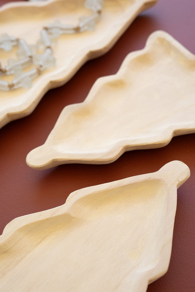Set/3 Carved Wood Christmas Tree Platters