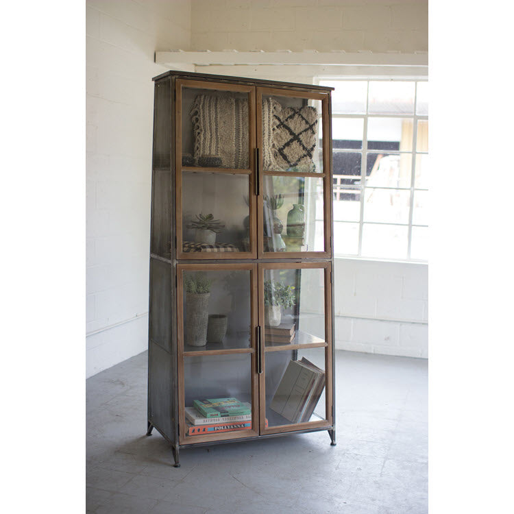 Metal and Wood Slanted Display Cabinet with Glass Doors