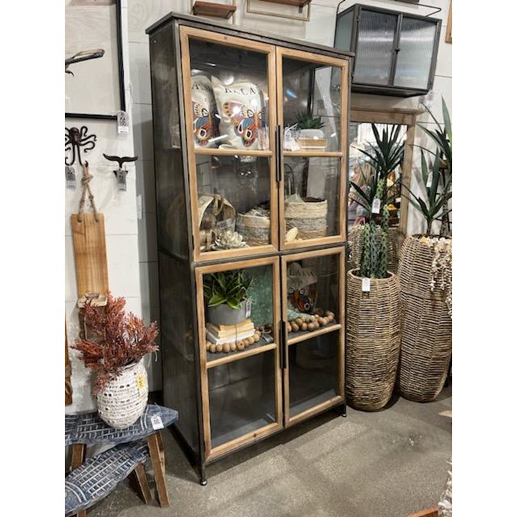 Metal and Wood Slanted Display Cabinet with Glass Doors