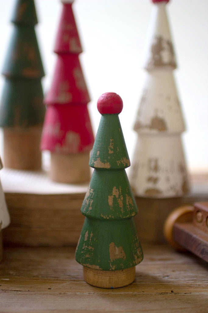 Set/9 Turned Wood Painted Christmas Trees