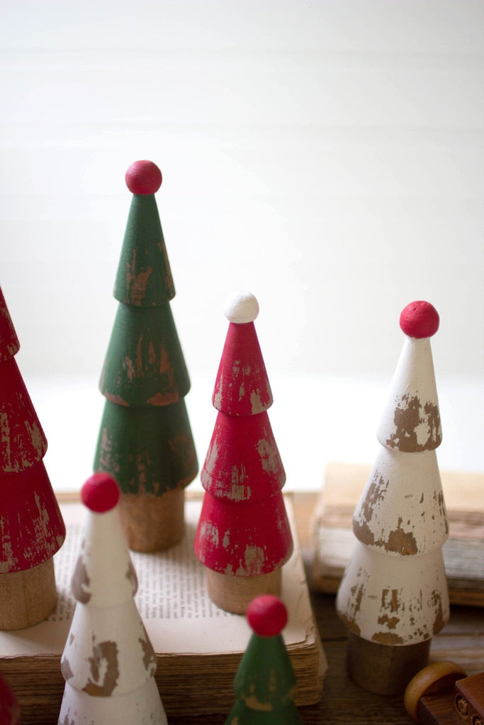 Set/9 Turned Wood Painted Christmas Trees