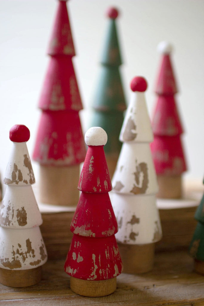 Set/9 Turned Wood Painted Christmas Trees