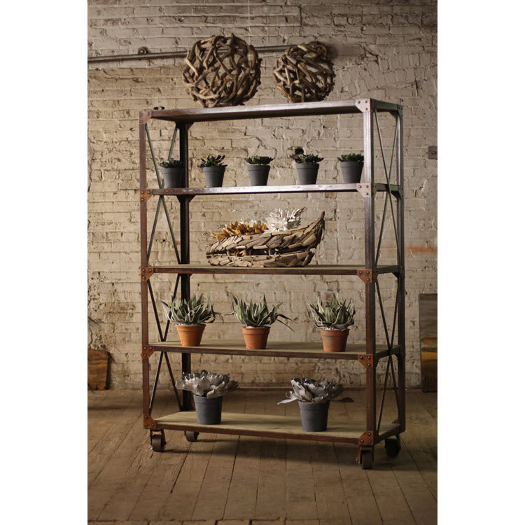 Large Iron and Wood Display with Five Shelves and Iron Casters