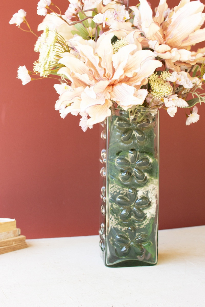 Square Glass Vases with Embossed Flowers Box/2