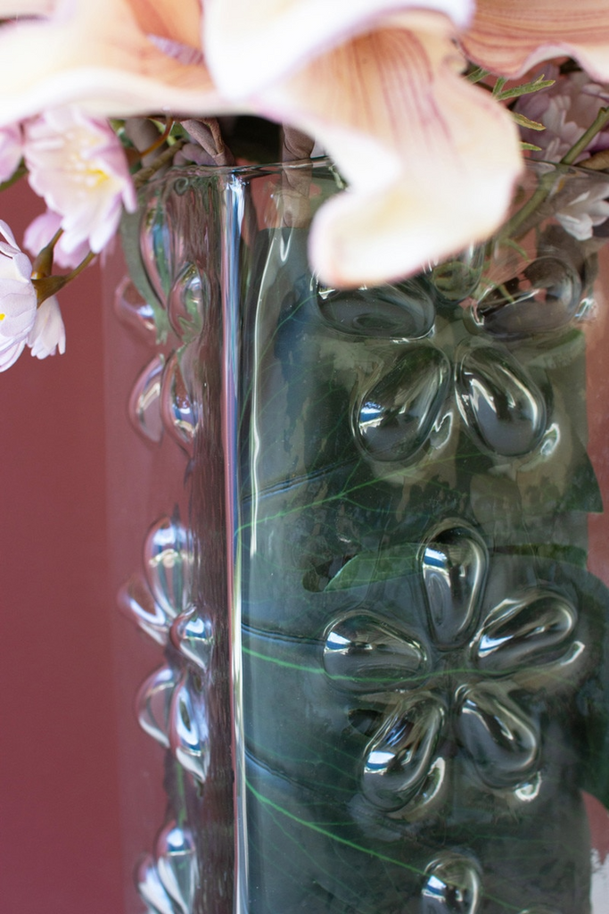 Square Glass Vases with Embossed Flowers Box/2
