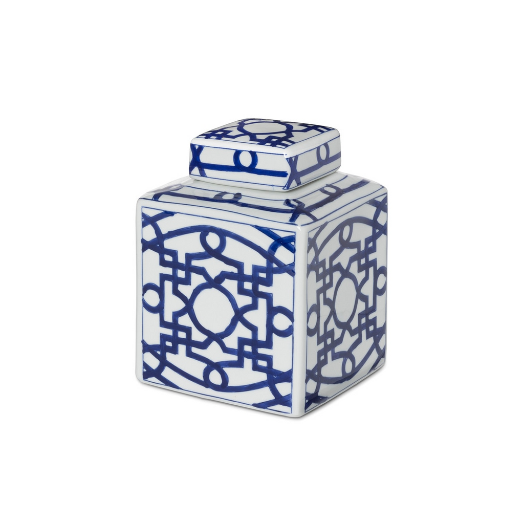 Imperial Ceramic Geometric Square Jar Blue and White Small