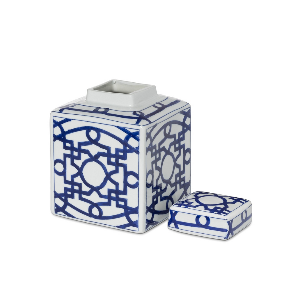 Imperial Ceramic Geometric Square Jar Blue and White Small