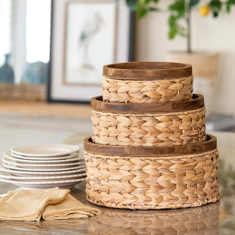 Woven Water Hyacinth Round Storage Baskets Set/3