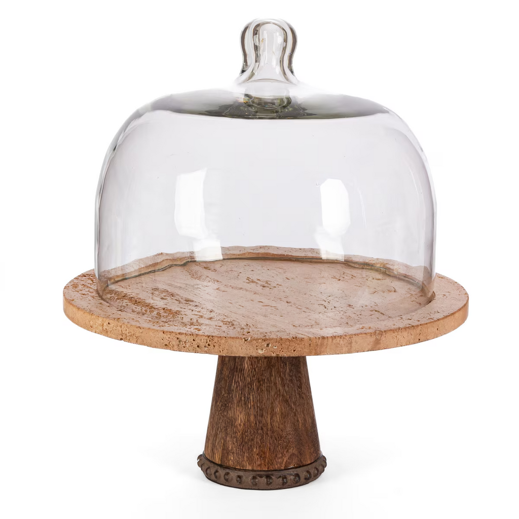 Marble Cake Plate with Glass Dome on Pedestal 17.5"