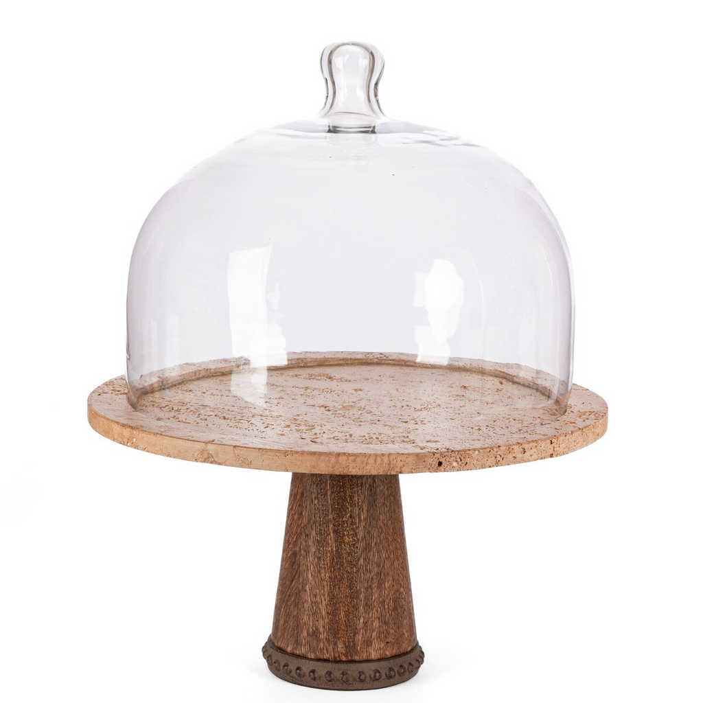 Marble Cake Plate with Glass Dome on Pedestal 14"