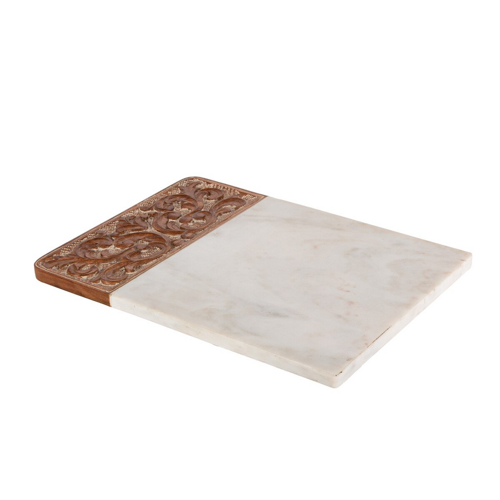Acanthus Carved Wood & Marble Cutting Board White Large