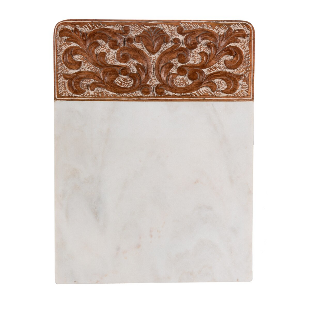 Acanthus Carved Wood & Marble Cutting Board White Large