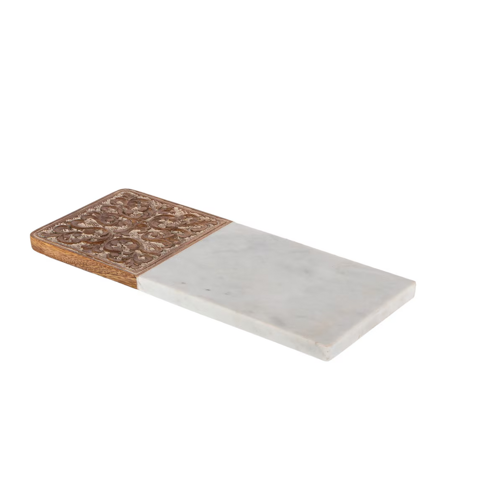 Acanthus Carved Wood & Marble Cutting Board White Small