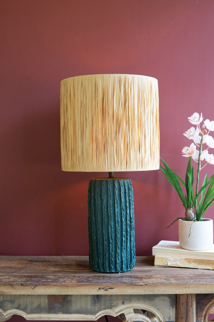 Paper Mache Lamp Base with Natural Raffia Shade