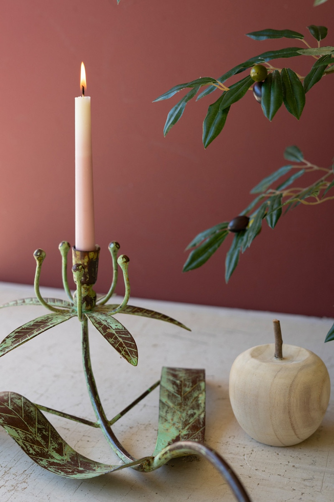 Green Patina Forged Iron Flowers Taper Candle Holders Set/2