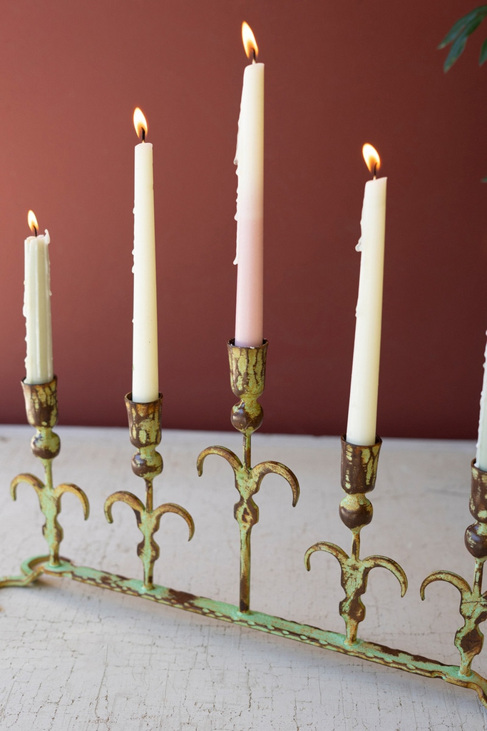 Green Patina Five Taper Forged Candelabras Set/2
