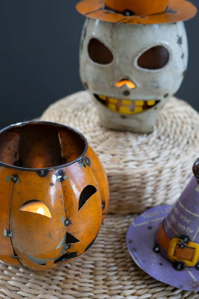 Recycled Iron Halloween Pumpkin and Skull Lanterns With Hats Set/2