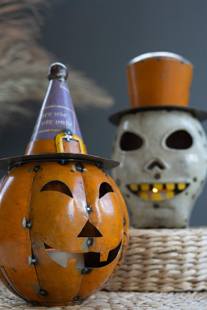 Recycled Iron Halloween Pumpkin and Skull Lanterns With Hats Set/2