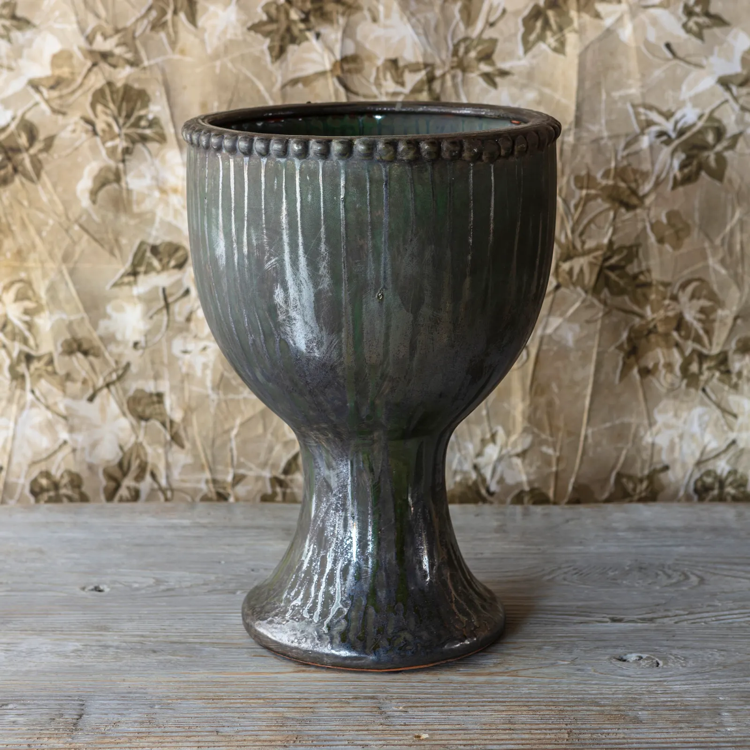 Aged Olive Dripped Glazed Pottery Beaded Tulip Vase Large Set/2