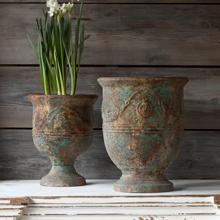 vintage planter pots Porch View Home Aged Metal French Style Pots Set/2 – A Colorful Farmhouse