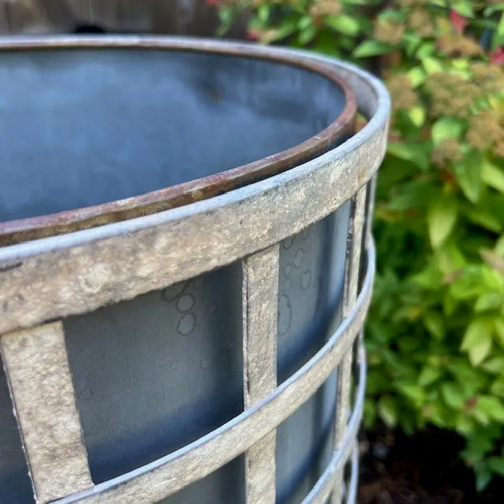 Round Aged Metal Lattice Planter