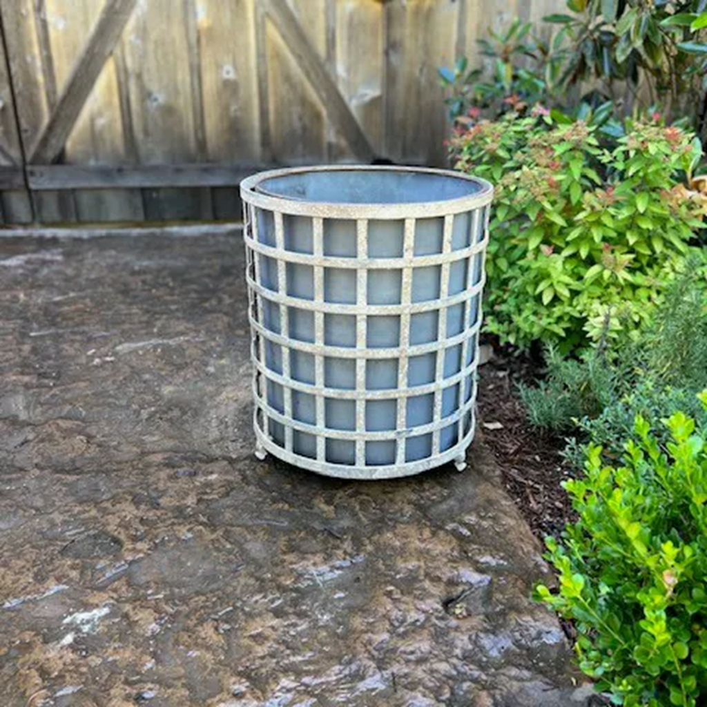 Round Aged Metal Lattice Planter
