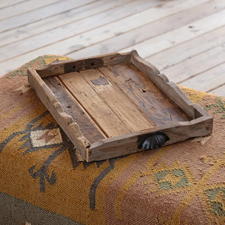 Scalloped Trays of Rustic Wood with Iron Handles Set/2