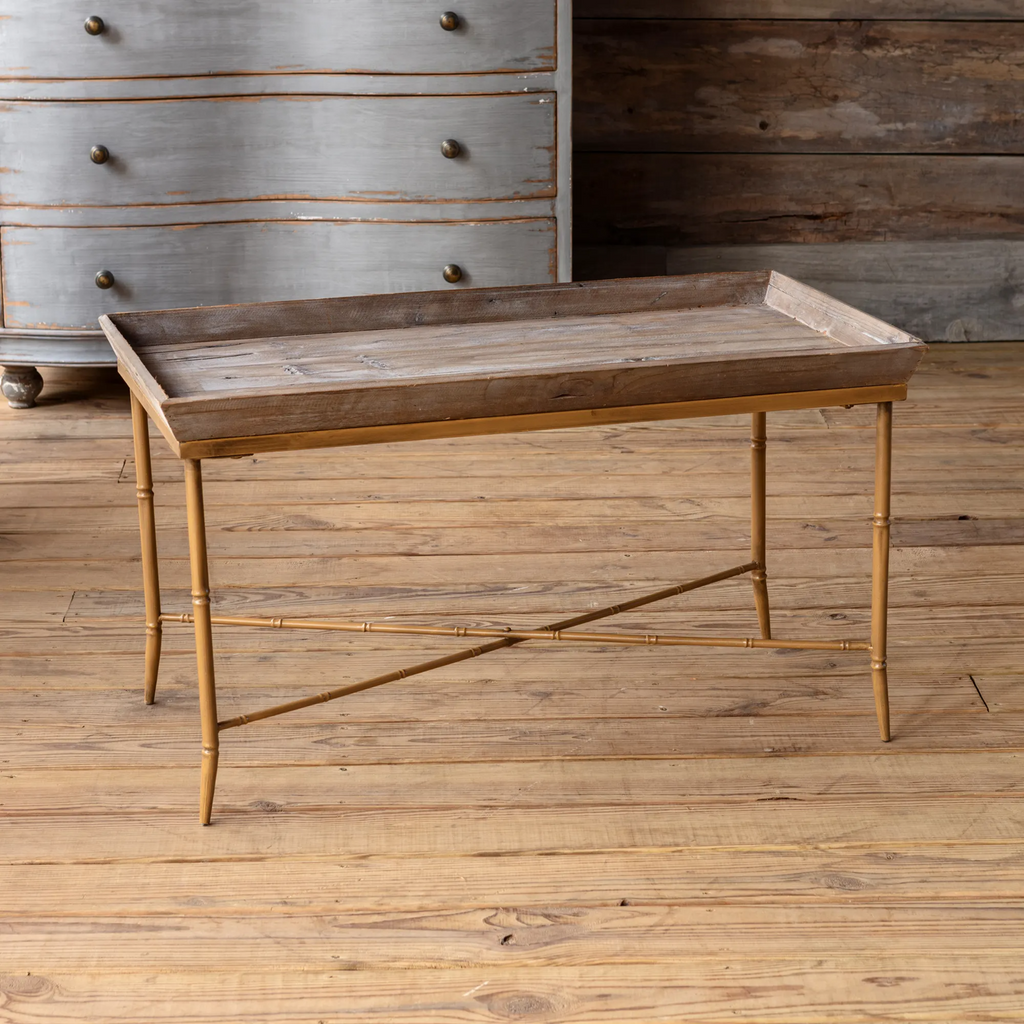 Metal Faux Bamboo Wooden Tray Coffee Table