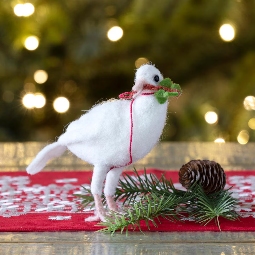 Wool White Doves with Holly Sprigs Set/8