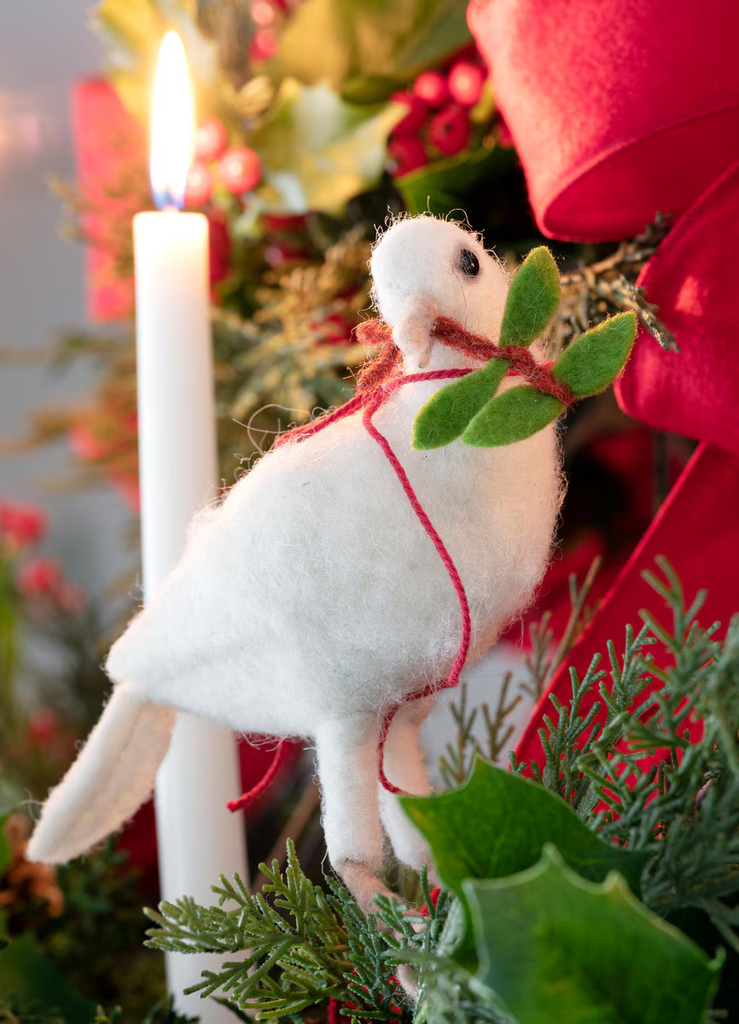 Wool White Doves with Holly Sprigs Set/8